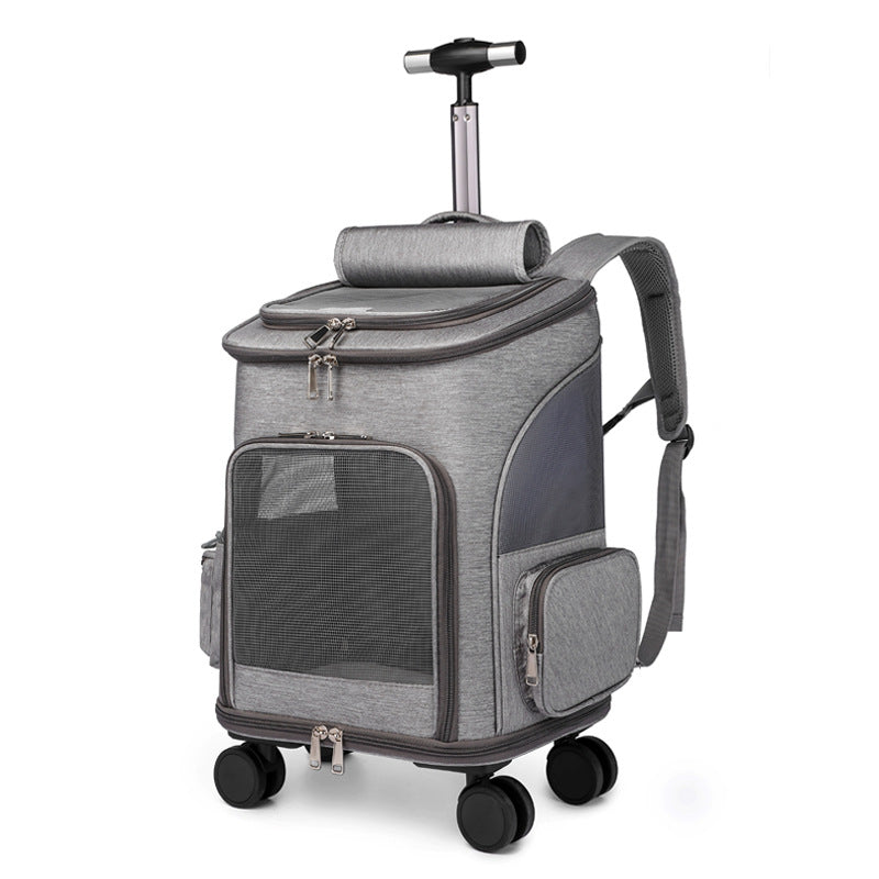 Portable Folding Trolley Pet Backpack – Travel Carrier for Cats & Dogs with Universal Wheels