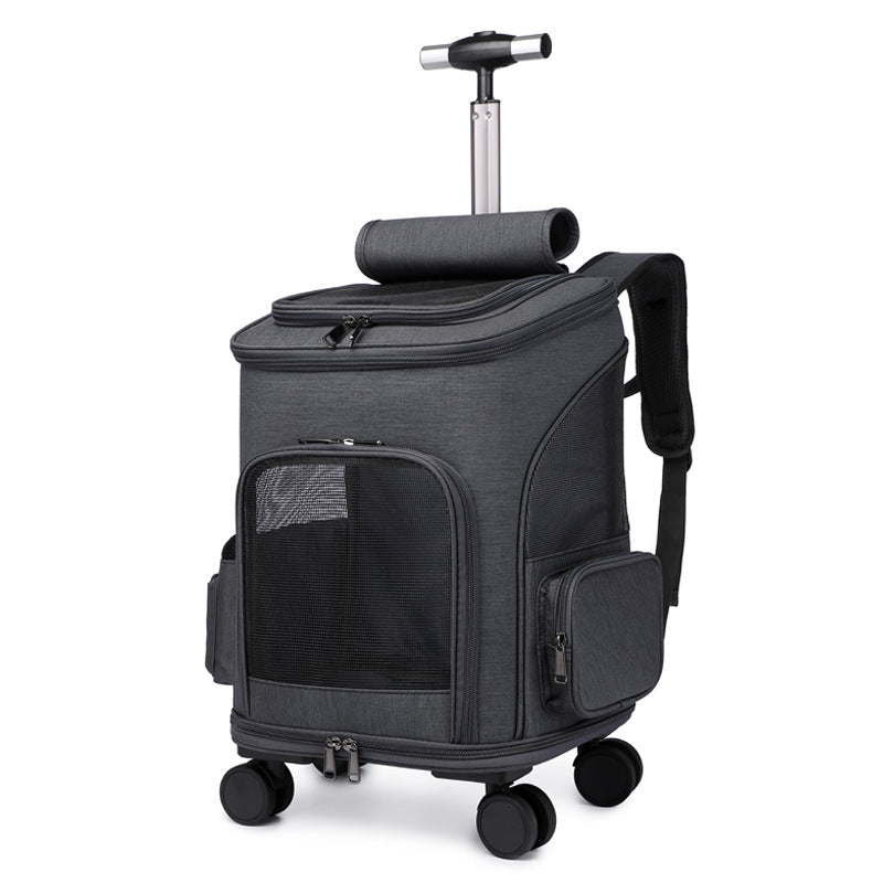 Portable Folding Trolley Pet Backpack – Travel Carrier for Cats & Dogs with Universal Wheels