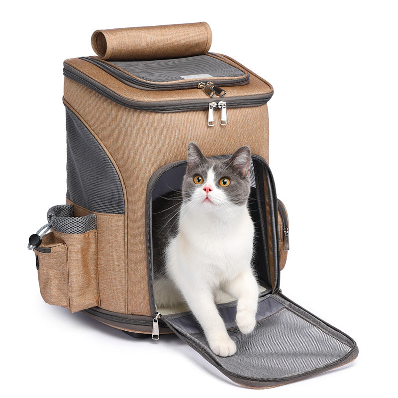 Portable Folding Trolley Pet Backpack – Travel Carrier for Cats & Dogs with Universal Wheels