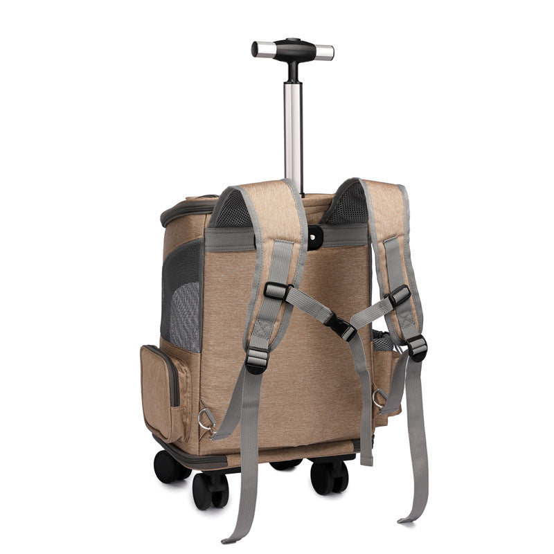 Portable Folding Trolley Pet Backpack – Travel Carrier for Cats & Dogs with Universal Wheels