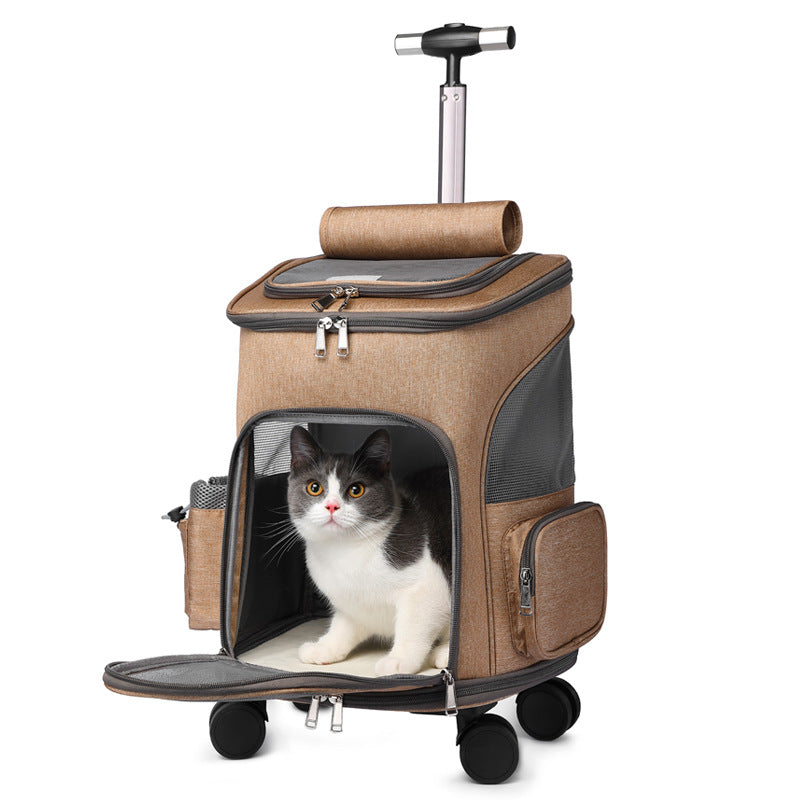 Portable Folding Trolley Pet Backpack – Travel Carrier for Cats & Dogs with Universal Wheels