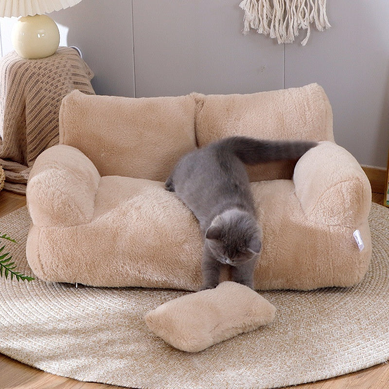 Luxury Plush Cat Sofa Bed – Warm Winter Pet Nest with Pillow & Non-Slip Bottom for Cats & Small Dogs