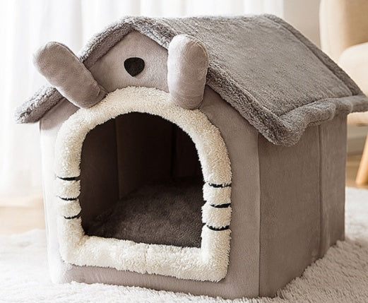 Foldable Dog & Cat House Bed – Warm Plush Enclosed Pet Cave with Removable Cushion (Winter Cozy Kennel)