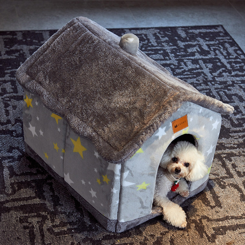 Foldable Dog & Cat House Bed – Warm Plush Enclosed Pet Cave with Removable Cushion (Winter Cozy Kennel)