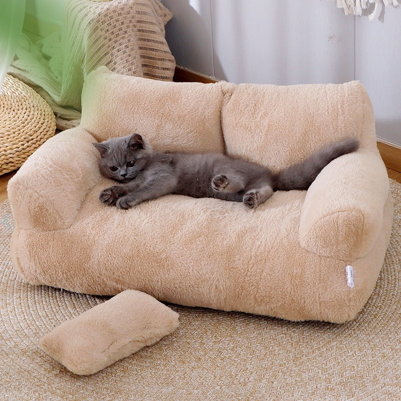 Luxury Plush Cat Sofa Bed – Warm Winter Pet Nest with Pillow & Non-Slip Bottom for Cats & Small Dogs