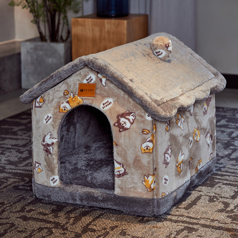Foldable Dog & Cat House Bed – Warm Plush Enclosed Pet Cave with Removable Cushion (Winter Cozy Kennel)