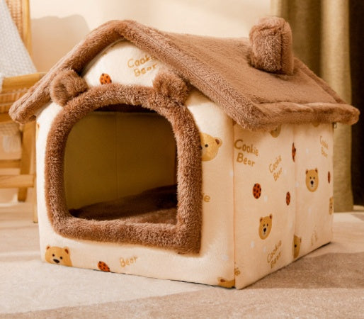 Foldable Dog & Cat House Bed – Warm Plush Enclosed Pet Cave with Removable Cushion (Winter Cozy Kennel)