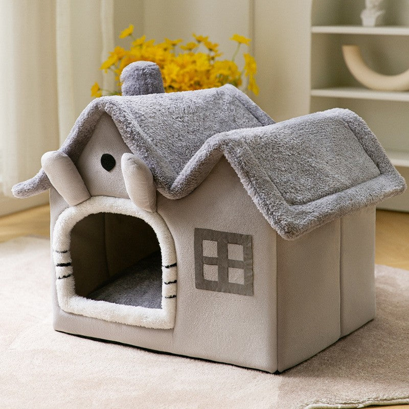 Foldable Dog & Cat House Bed – Warm Plush Enclosed Pet Cave with Removable Cushion (Winter Cozy Kennel)