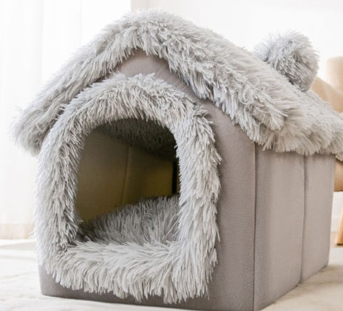 Foldable Dog & Cat House Bed – Warm Plush Enclosed Pet Cave with Removable Cushion (Winter Cozy Kennel)