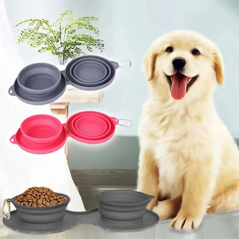 Rubber Foldable Double Bowl Pet Feeding Bowl Pets Supplies Dog Cat Bowls mzon store