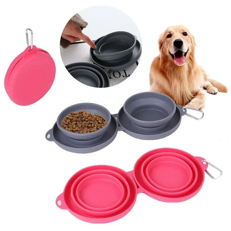 Rubber Foldable Double Bowl Pet Feeding Bowl Pets Supplies Dog Cat Bowls mzon store