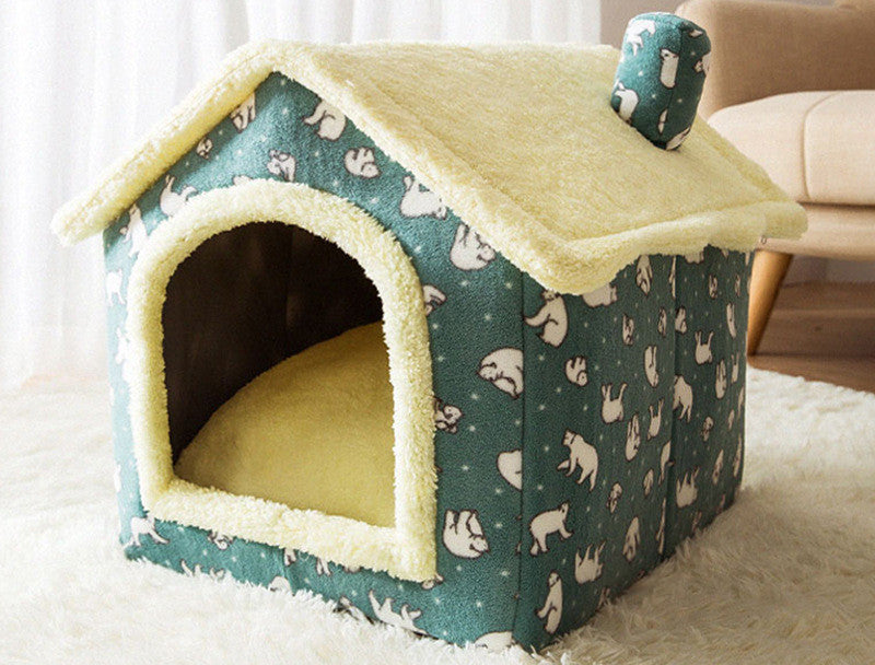 Foldable Dog & Cat House Bed – Warm Plush Enclosed Pet Cave with Removable Cushion (Winter Cozy Kennel)