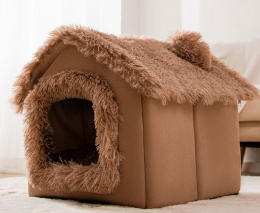 Foldable Dog & Cat House Bed – Warm Plush Enclosed Pet Cave with Removable Cushion (Winter Cozy Kennel)