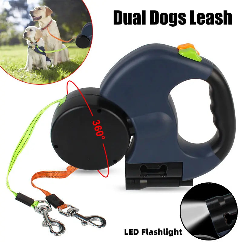 Retractable Dog Leash for Small Dogs – Dual 360° Swivel Leash with Reflective Strip, Flashlight & Poop Bag Holder mzon store
