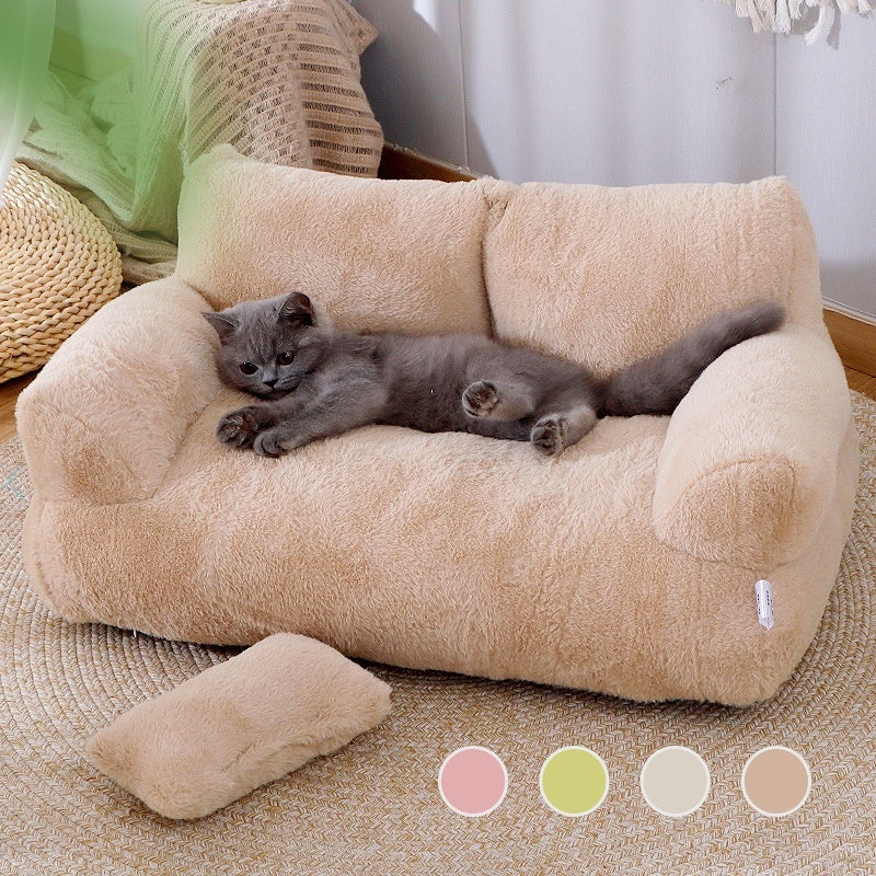 Luxury Plush Cat Sofa Bed – Warm Winter Pet Nest with Pillow & Non-Slip Bottom for Cats & Small Dogs