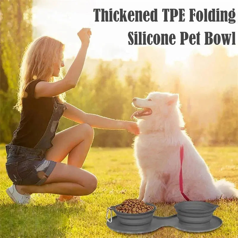 Rubber Foldable Double Bowl Pet Feeding Bowl Pets Supplies Dog Cat Bowls mzon store
