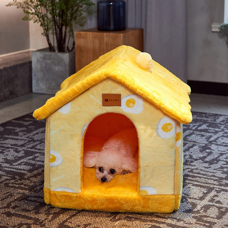 Foldable Dog & Cat House Bed – Warm Plush Enclosed Pet Cave with Removable Cushion (Winter Cozy Kennel)