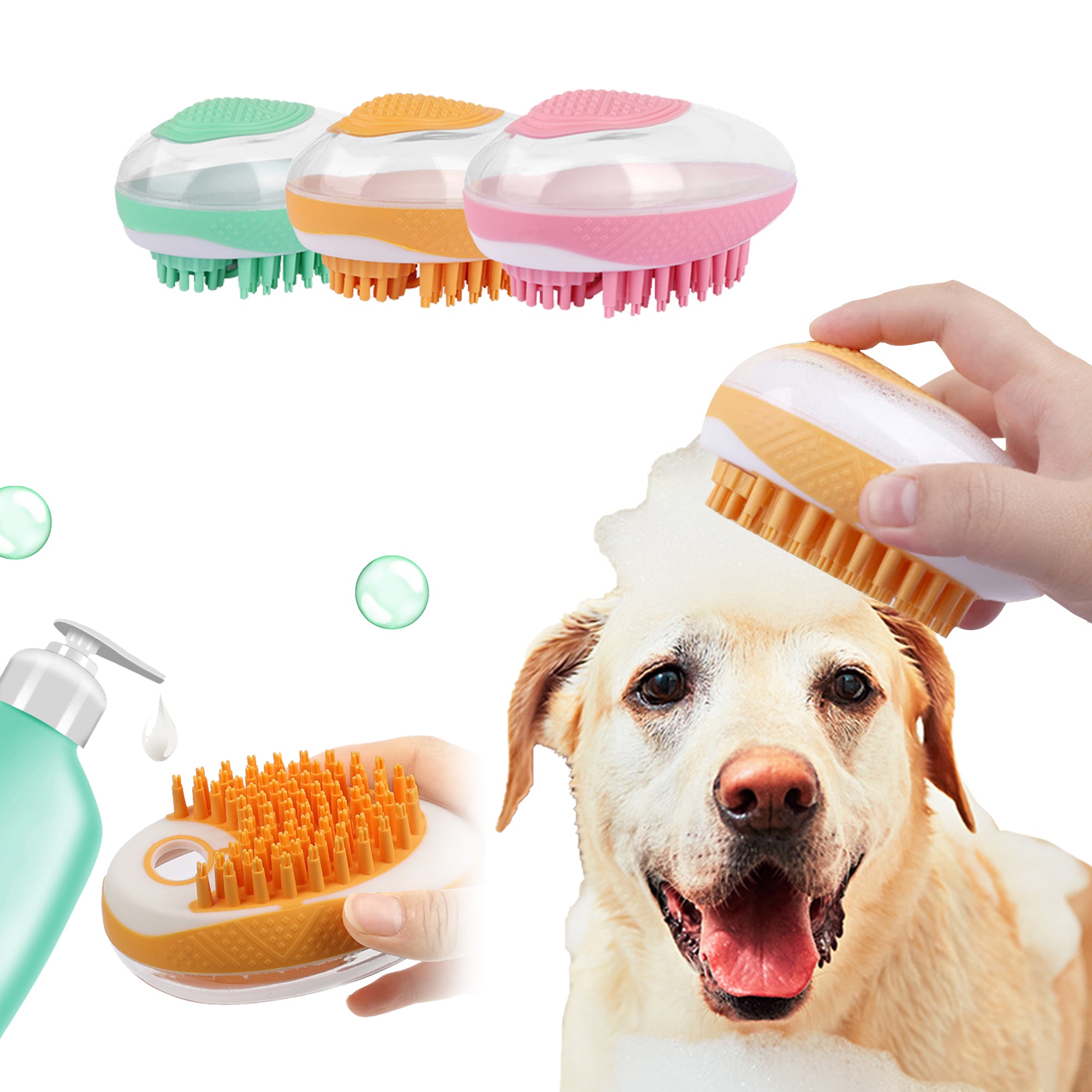 2-in-1 Dog & Cat Bath Brush with Shampoo Dispenser – Soft Silicone Pet Grooming & Massage Comb (Non-Slip, BPA-Free)