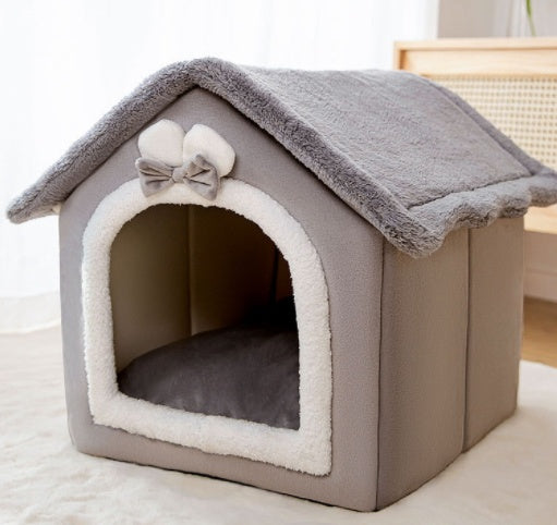 Foldable Dog & Cat House Bed – Warm Plush Enclosed Pet Cave with Removable Cushion (Winter Cozy Kennel)